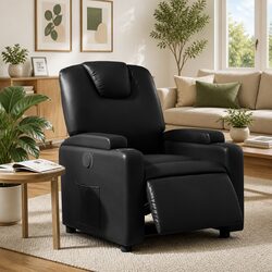 Electric Recliner Chair in Black Faux Leather with Cup Holders