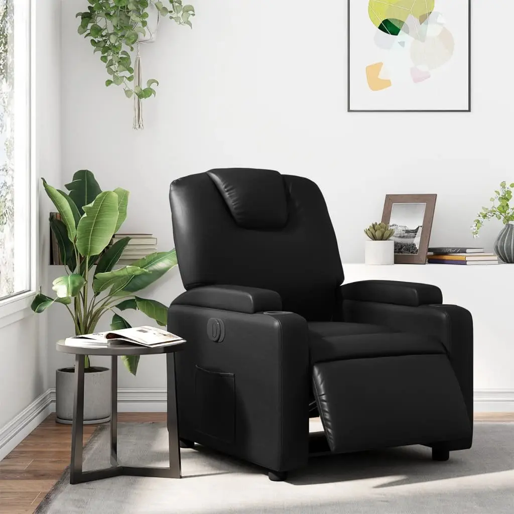 Electric Recliner Chair Black Faux Leather Armchair with Cup Holders