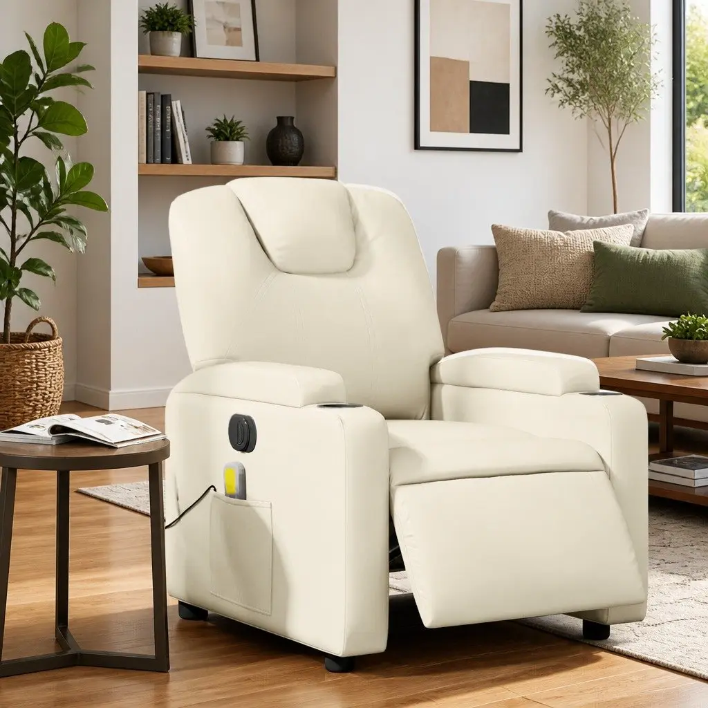 Electric Massage Recliner Chair Cream Faux Leather 135 Degrees Adjustable Armchair
