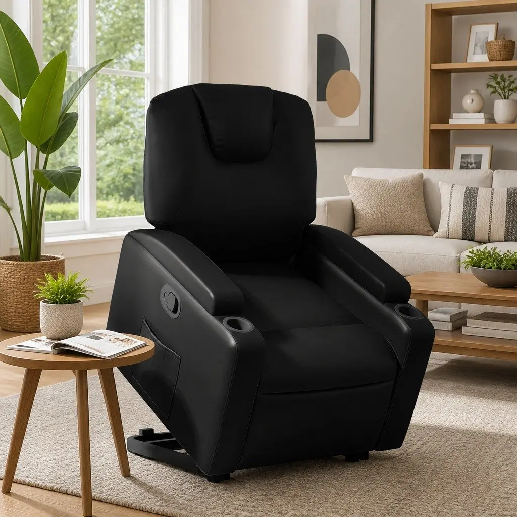 Stand Up Recliner Chair Black Faux Leather Electric Power Lift Armchair