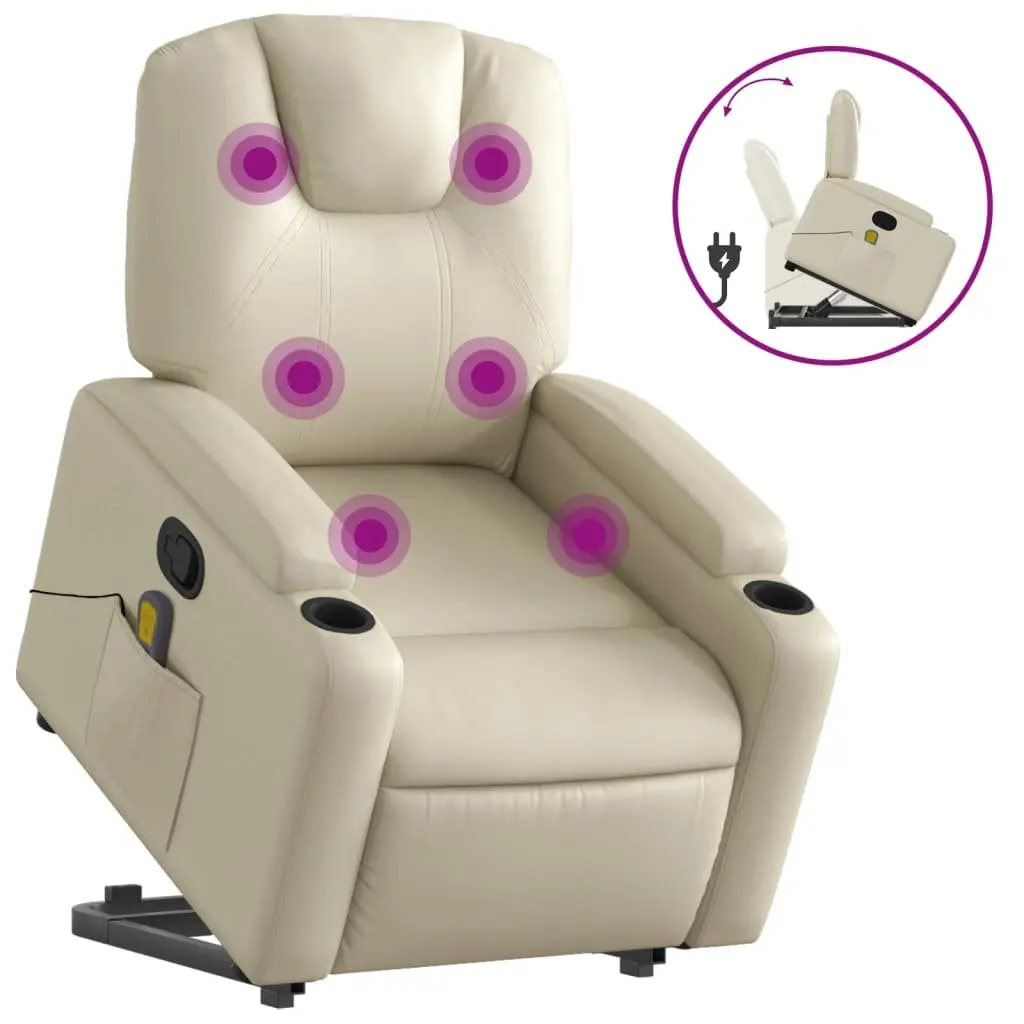 Power Lift Massage Recliner Chair Manual Recline Vibration Cream Faux Leather