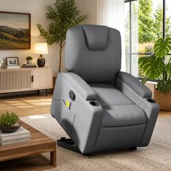 Grey Faux Leather Power Lift Massage Recliner Chair
