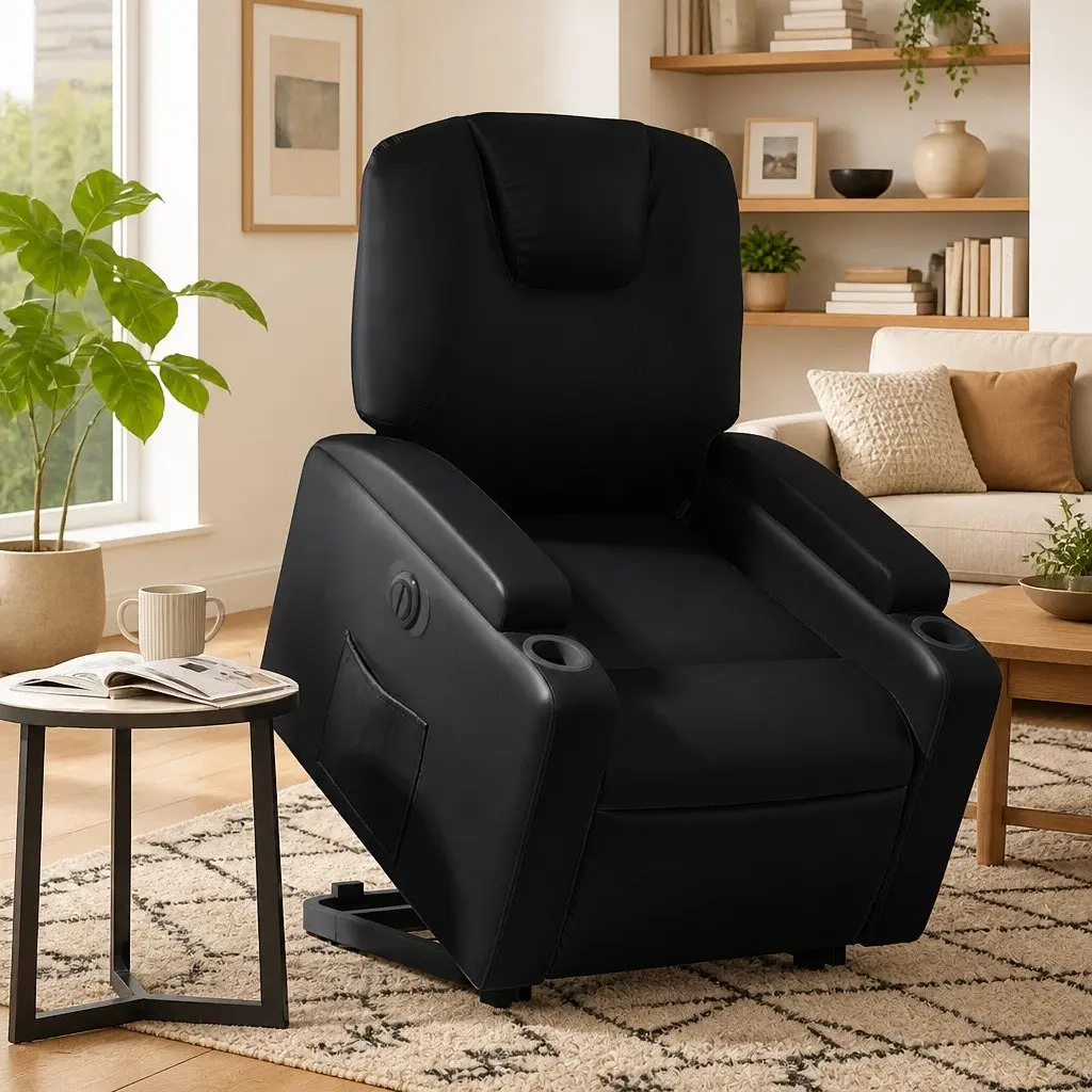 Electric Recliner Chair Black Faux Leather Power Lift Armchair