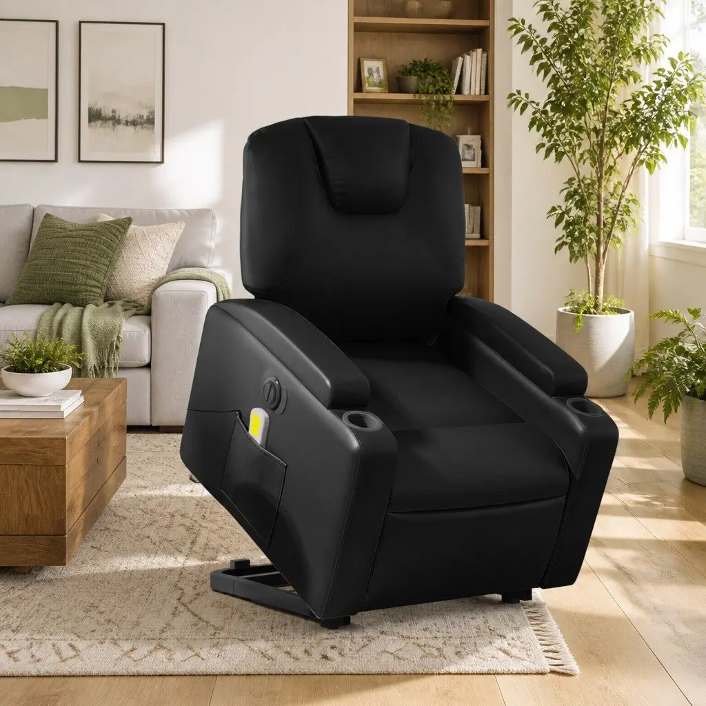 Electric Massage Chair Stand Up Recliner Black Faux Leather 135 Degrees