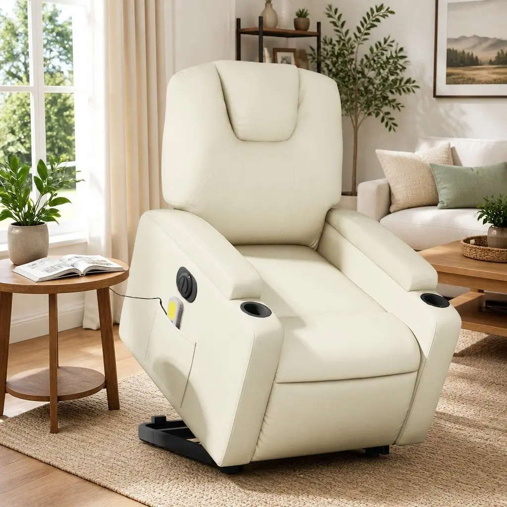 Electric Massage Recliner Chair Cream Faux Leather Power Lift 135 Degrees