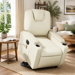 Cream Faux Leather Electric Stand Up Massage Recliner Chair
