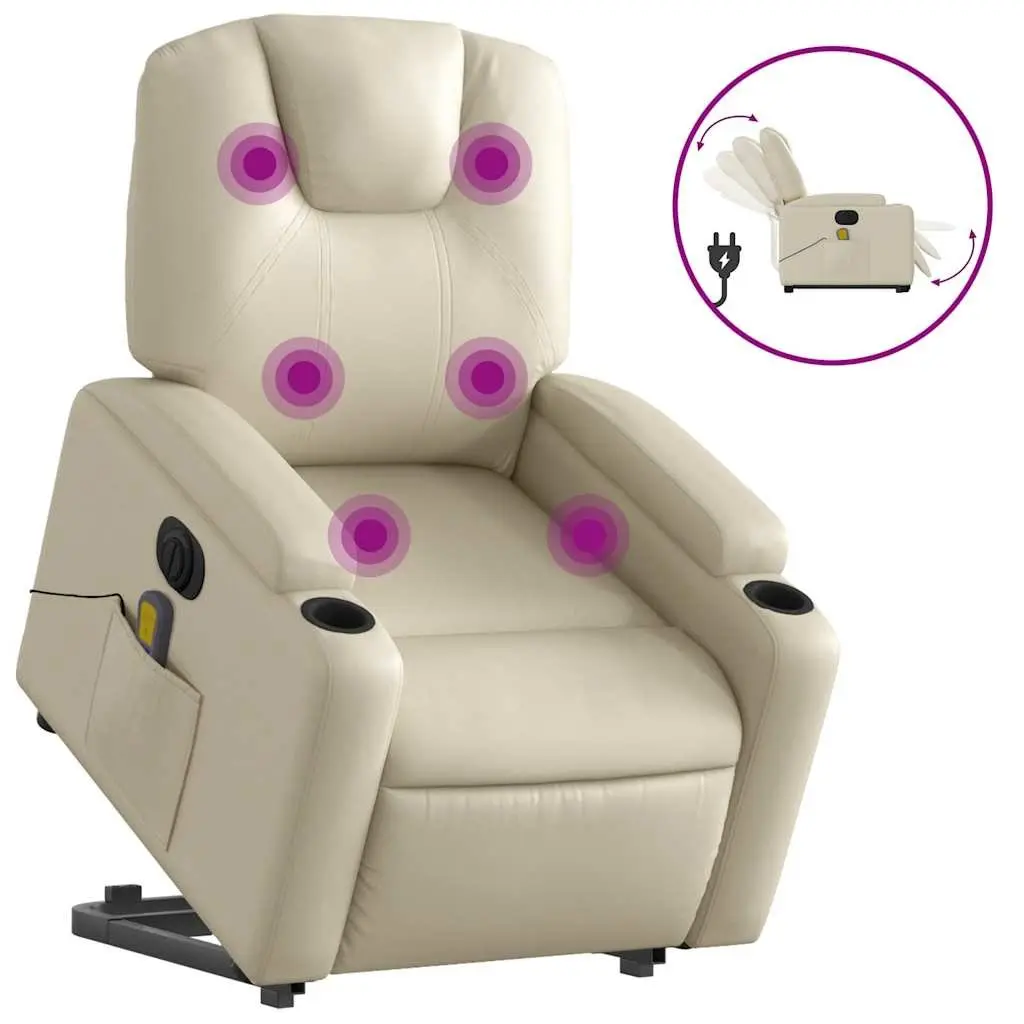 Electric Massage Recliner Chair Cream Faux Leather Power Lift 135 Degrees