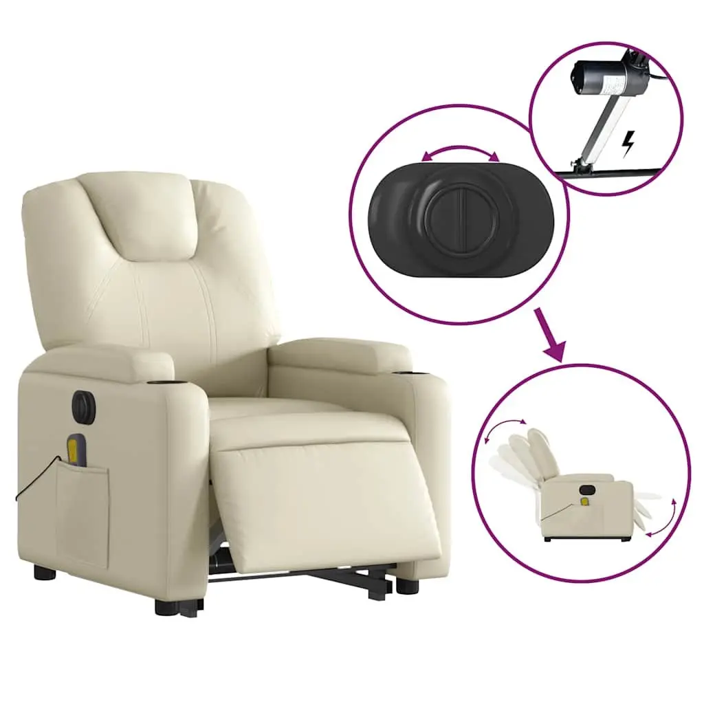 Electric Massage Recliner Chair Cream Faux Leather Power Lift 135 Degrees