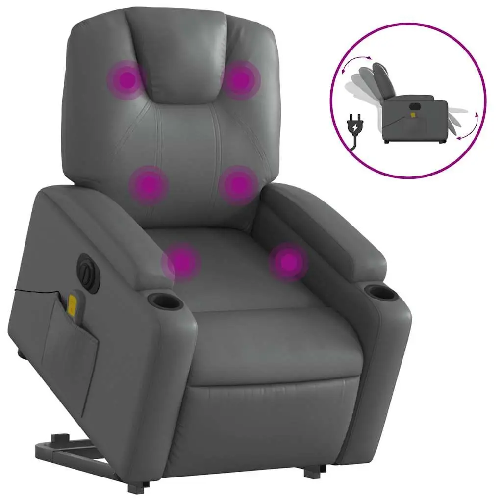 Electric Massage Recliner Chair Grey Faux Leather Power Lift Function