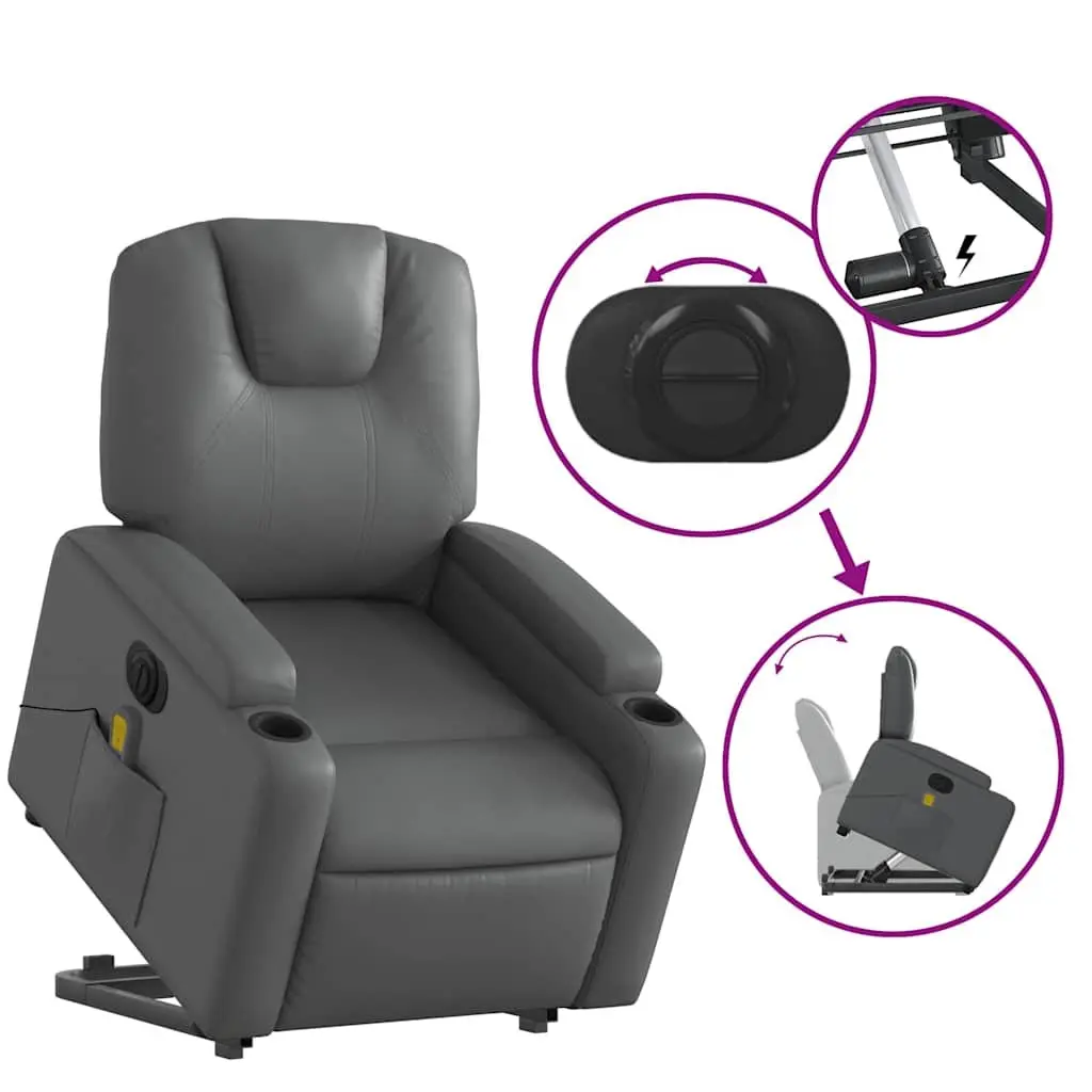 Electric Massage Recliner Chair Grey Faux Leather Power Lift Function