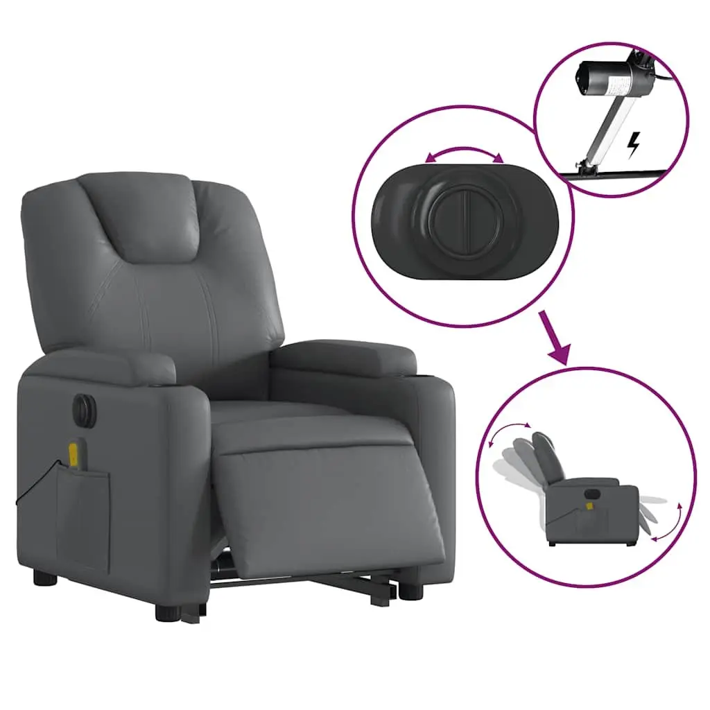 Electric Massage Recliner Chair Grey Faux Leather Power Lift Function