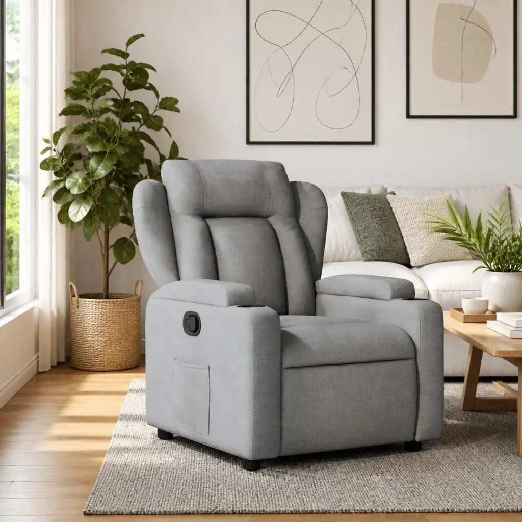 Recliner Chair Manual Reclining Armchair Light Grey Fabric Upholstery Wood and Metal Frame