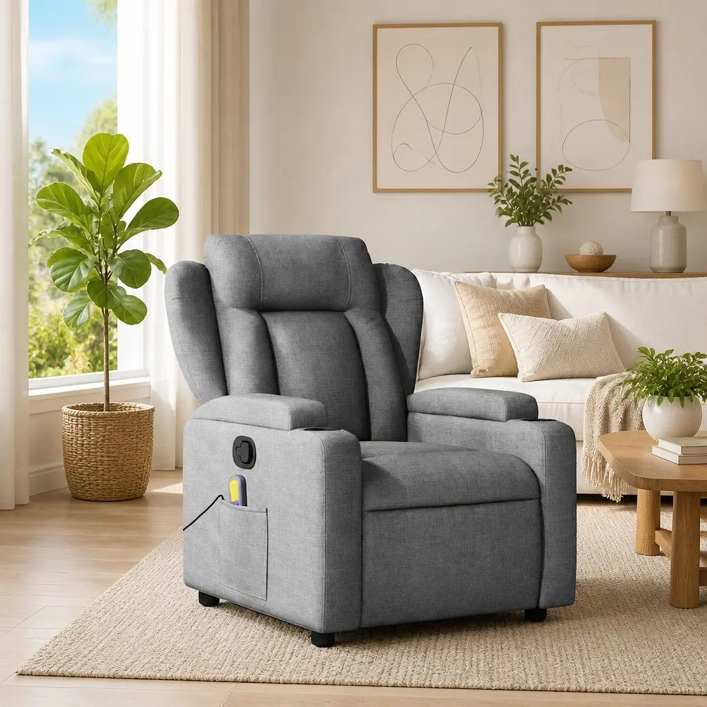 Massage Recliner Chair Grey Fabric Manual Reclining 135 Degrees with Vibration 6 Massage Points