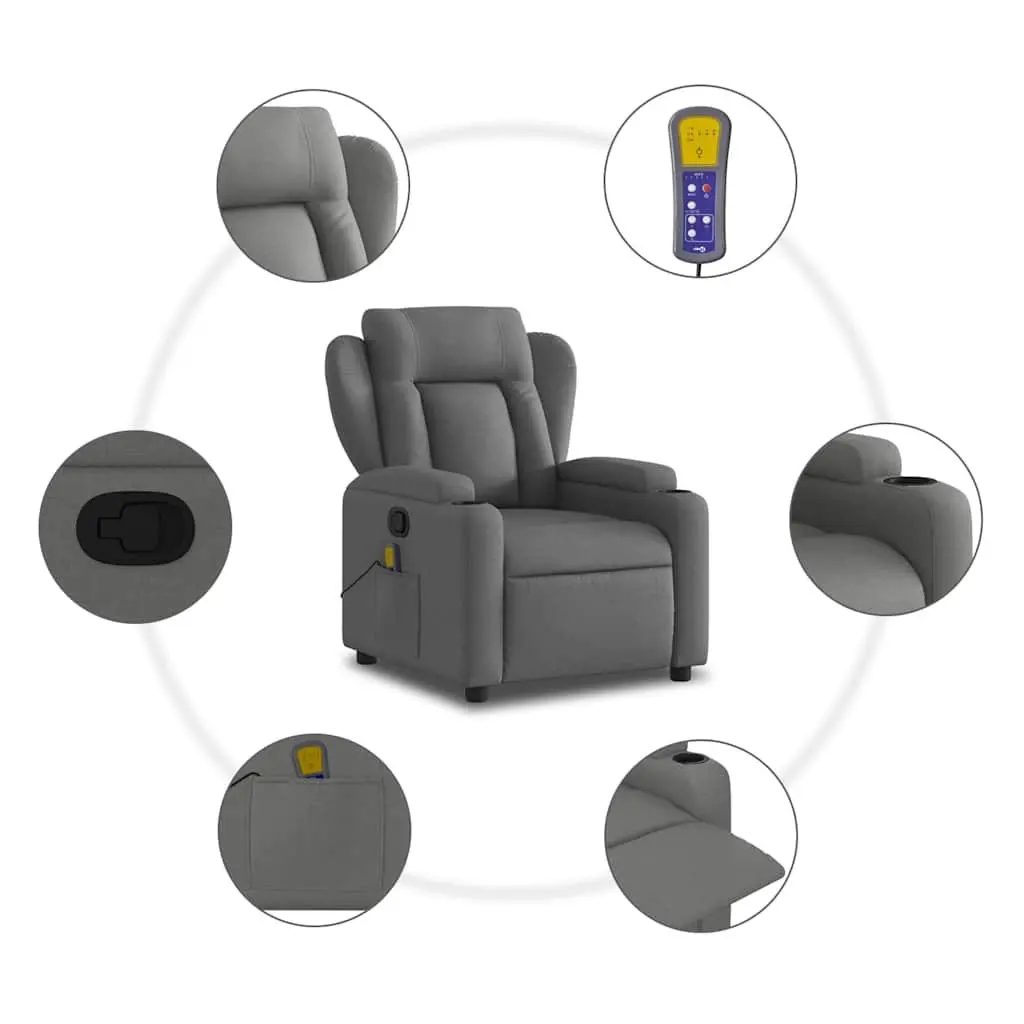 Massage Recliner Chair Grey Fabric Manual Reclining 135 Degrees with Vibration 6 Massage Points