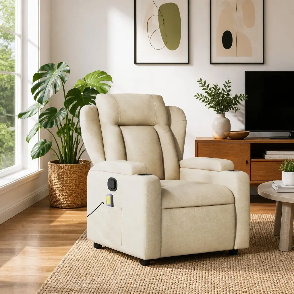 Massage Recliner Chair Cream Fabric Manual Recline 6 Points Armchair