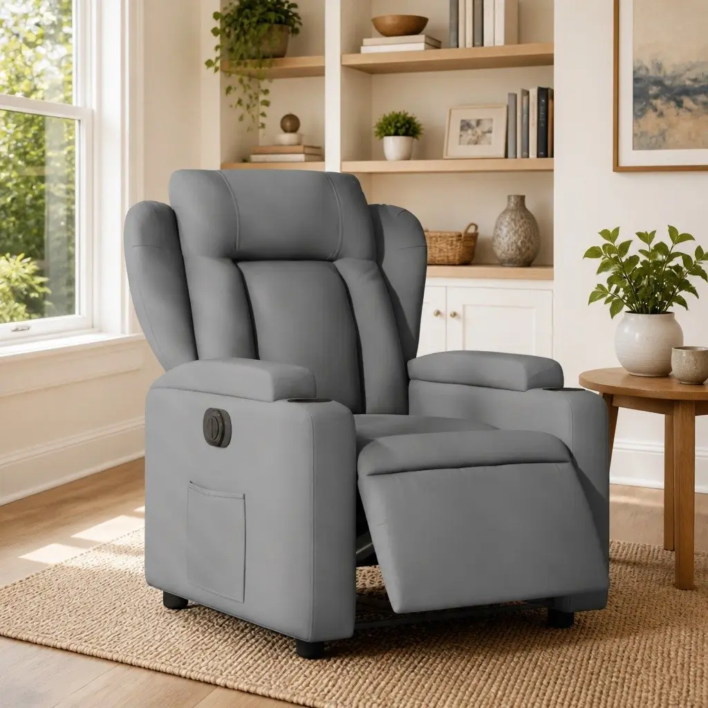 Electric Recliner Chair Light Grey Fabric 135 Degrees Auto Adjustment
