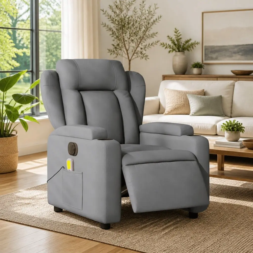 Electric Recliner Chair Grey Fabric Adjustable Backrest and Footrest Motorised Massage Function