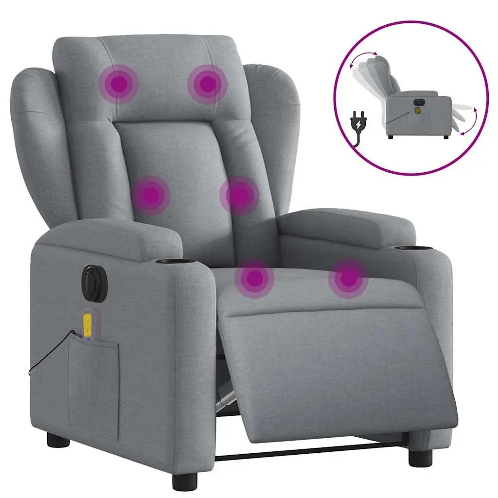 Electric Recliner Chair Grey Fabric Adjustable Backrest and Footrest Motorised Massage Function