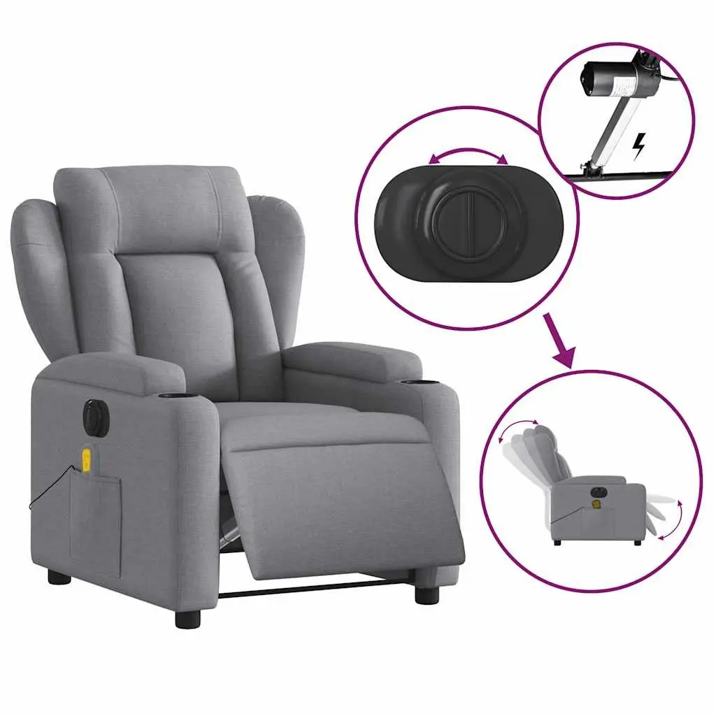 Electric Recliner Chair Grey Fabric Adjustable Backrest and Footrest Motorised Massage Function