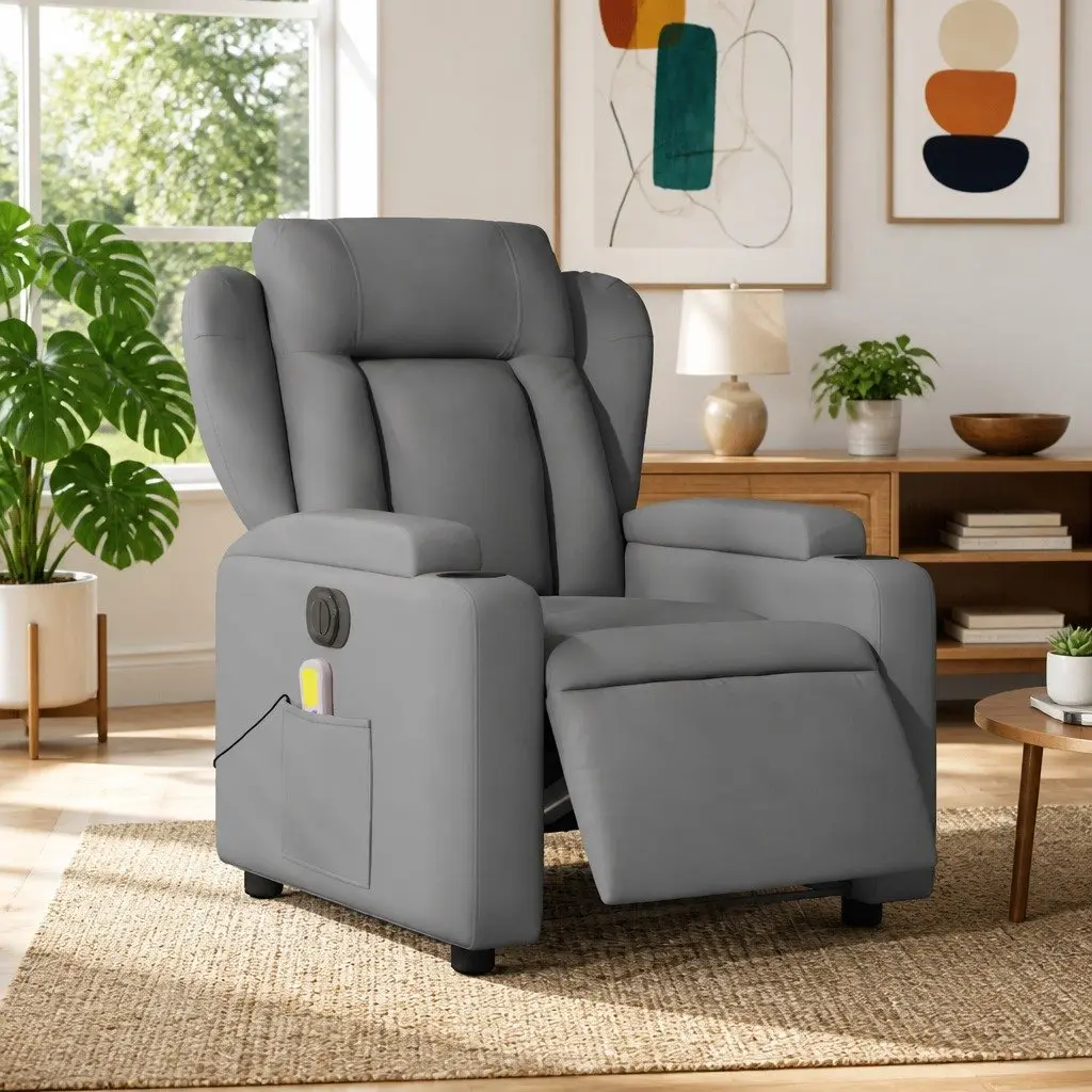 Electric Massage Recliner Chair Grey Fabric 135 Degrees Adjustable with Footrest