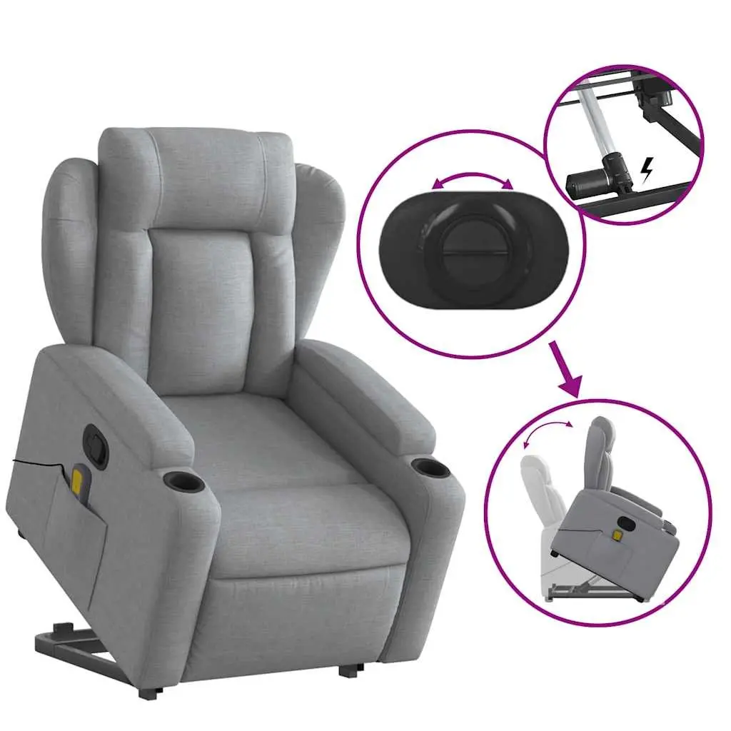 Electric Recliner Chair Massage Function Grey Fabric Power Lift Stand Up Armchair