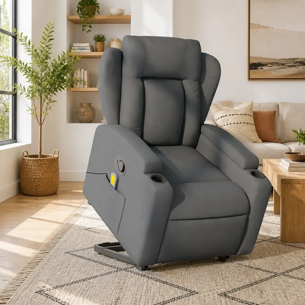 Stand Up Massage Recliner Chair Grey Fabric Power Lift Manual Recline Armchair