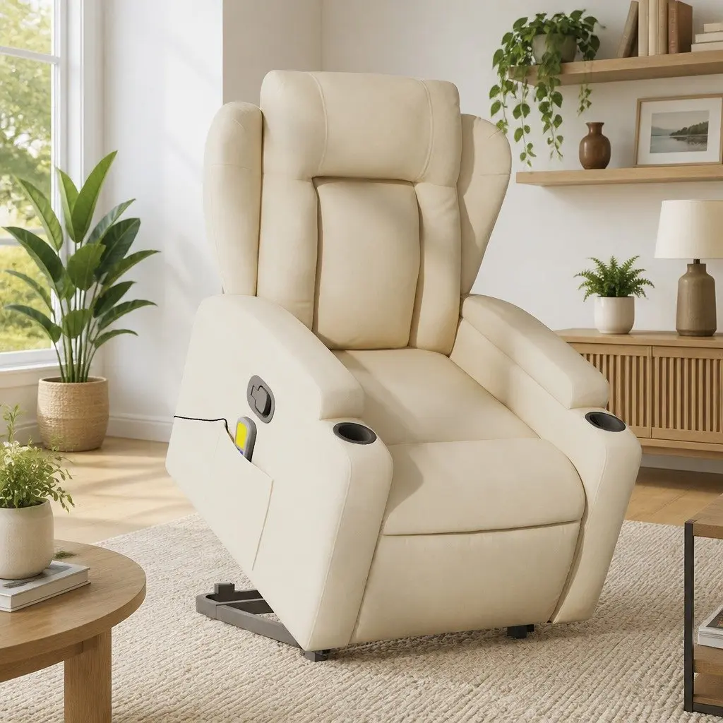 Electric Massage Recliner Chair Cream Power Lift for Elderly with Manual Recline and Vibration Massage