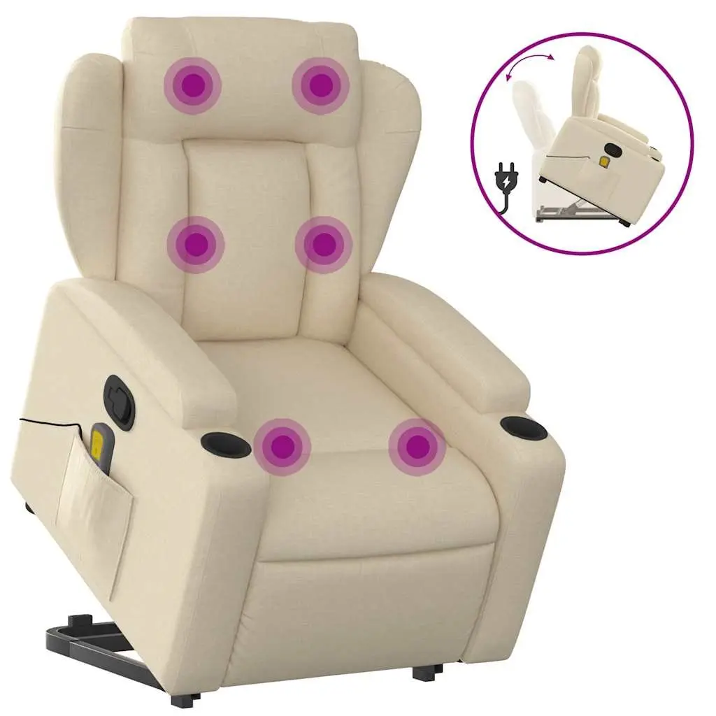 Electric Massage Recliner Chair Cream Power Lift for Elderly with Manual Recline and Vibration Massage