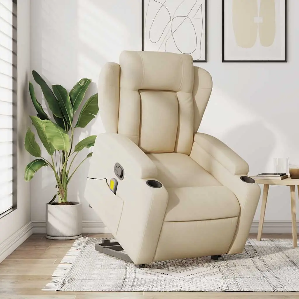 Electric Massage Recliner Chair Cream Power Lift for Elderly with Manual Recline and Vibration Massage