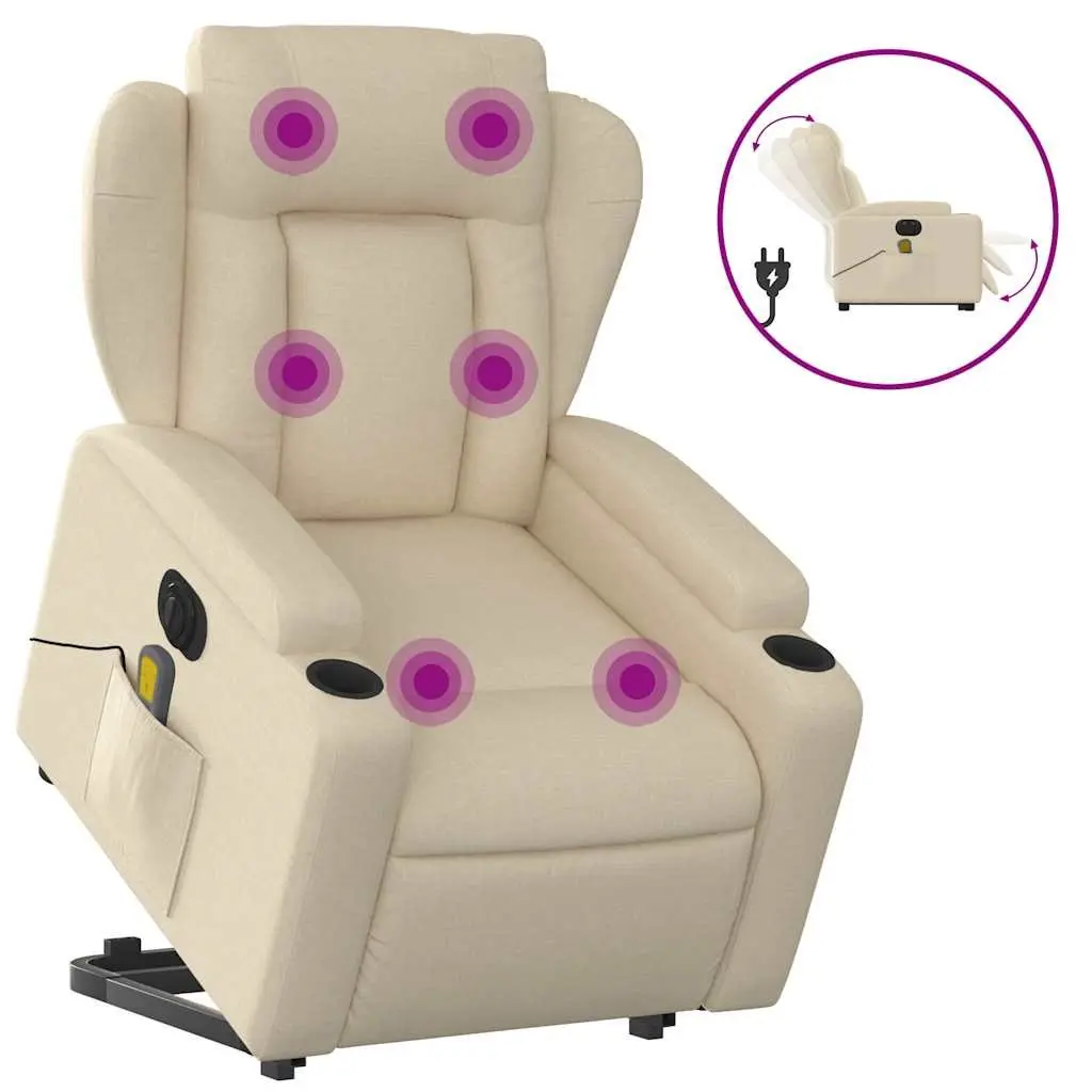 Electric Massage Recliner Chair Cream Fabric Lift Recline 135 Degrees