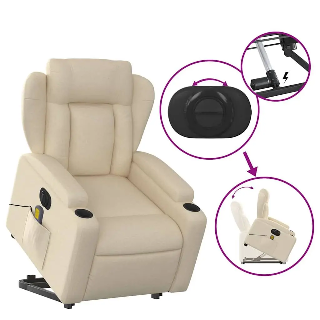 Electric Massage Recliner Chair Cream Fabric Lift Recline 135 Degrees