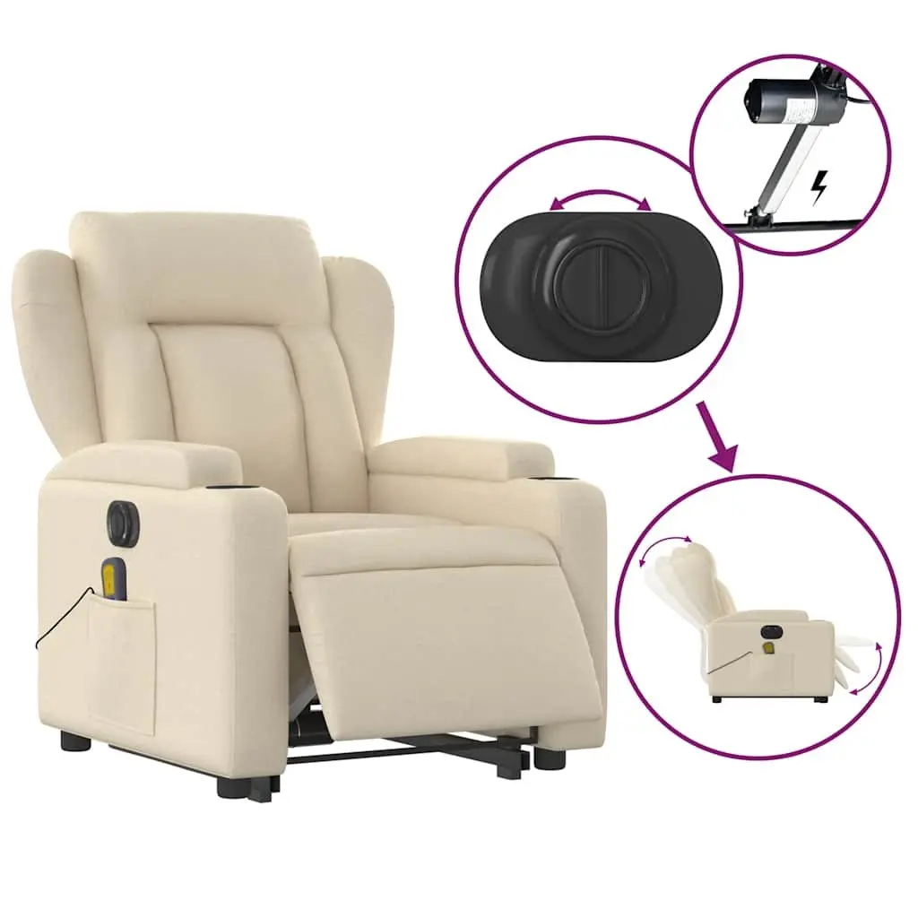 Electric Massage Recliner Chair Cream Fabric Lift Recline 135 Degrees
