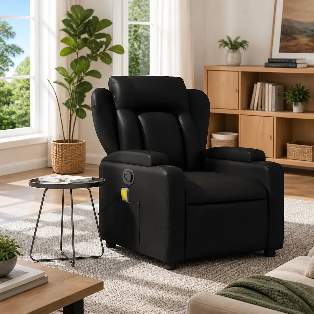 Massage Recliner Chair Black Faux Leather Manual Reclining Armchair