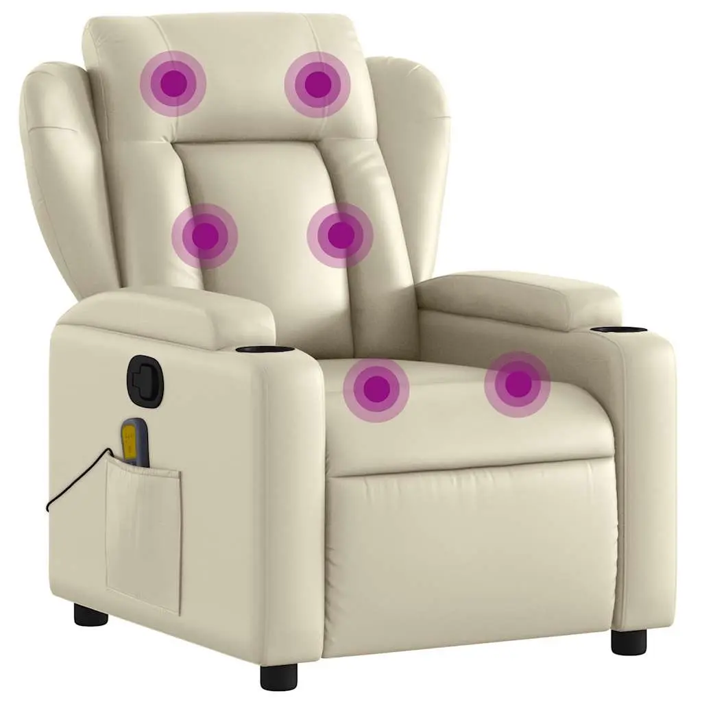 Massage Recliner Chair Cream Faux Leather Manual Reclining Armchair 6 Massage Points