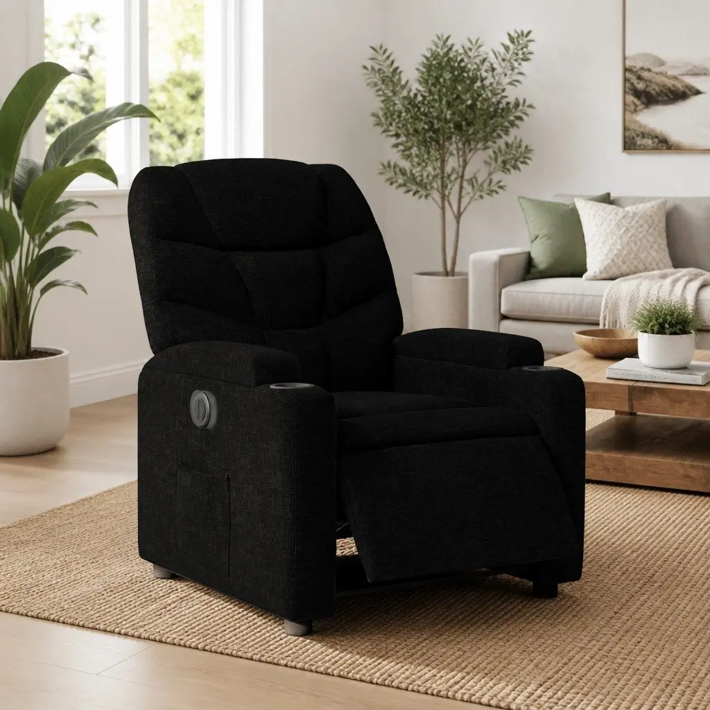 Electric Recliner Chair Black Fabric with Cup Holders and Footrest