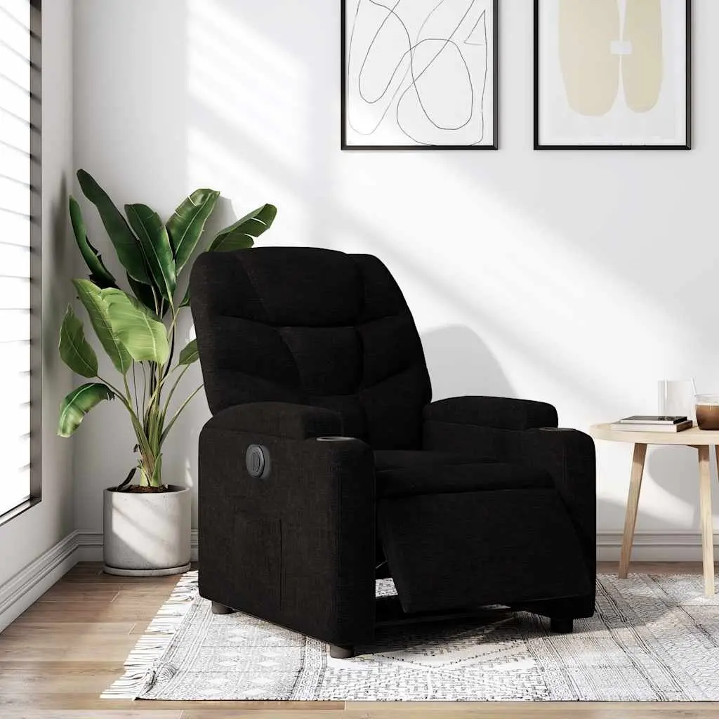 Electric Recliner Chair Black Fabric with Cup Holders and Footrest