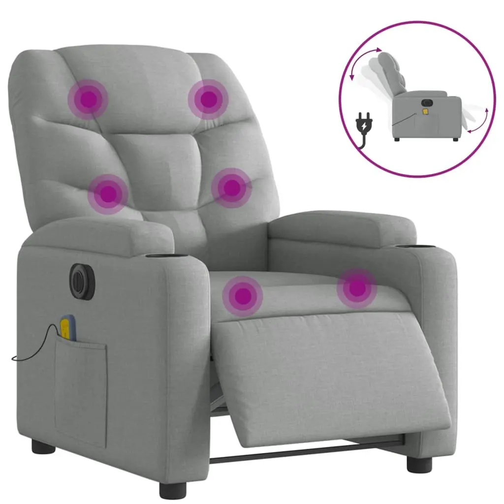 Electric Massage Recliner Chair Grey Fabric 135 Degrees Wood and Metal Frame