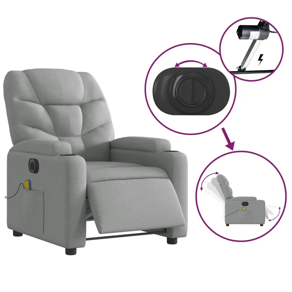 Electric Massage Recliner Chair Grey Fabric 135 Degrees Wood and Metal Frame
