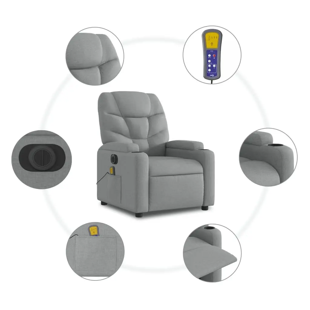 Electric Massage Recliner Chair Grey Fabric 135 Degrees Wood and Metal Frame