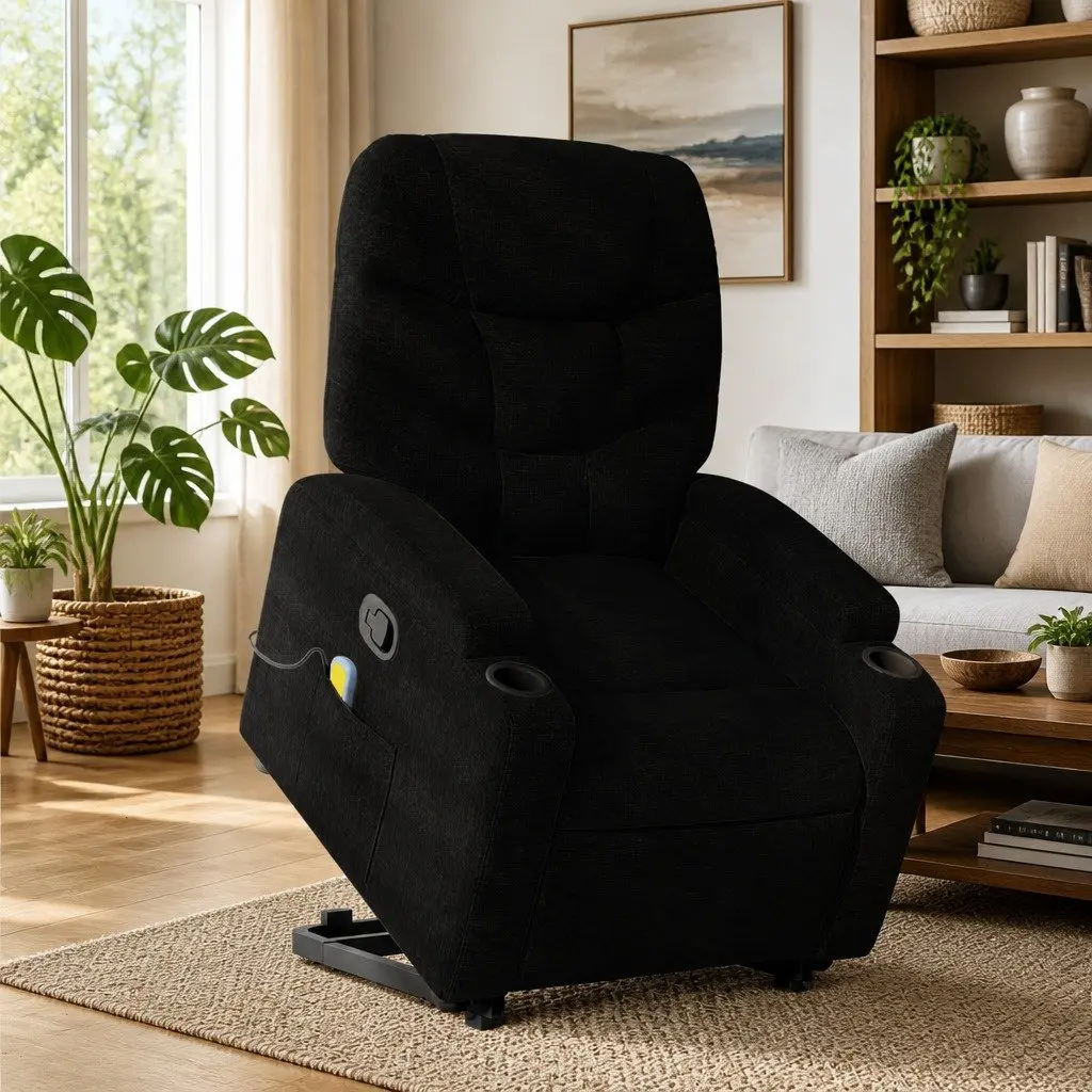 Electric Massage Recliner Chair Black Fabric Power Lift Armchair
