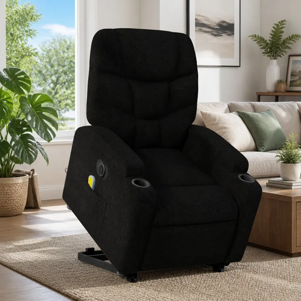 Electric Massage Recliner Chair Black Fabric Lift Recline 135 Degrees