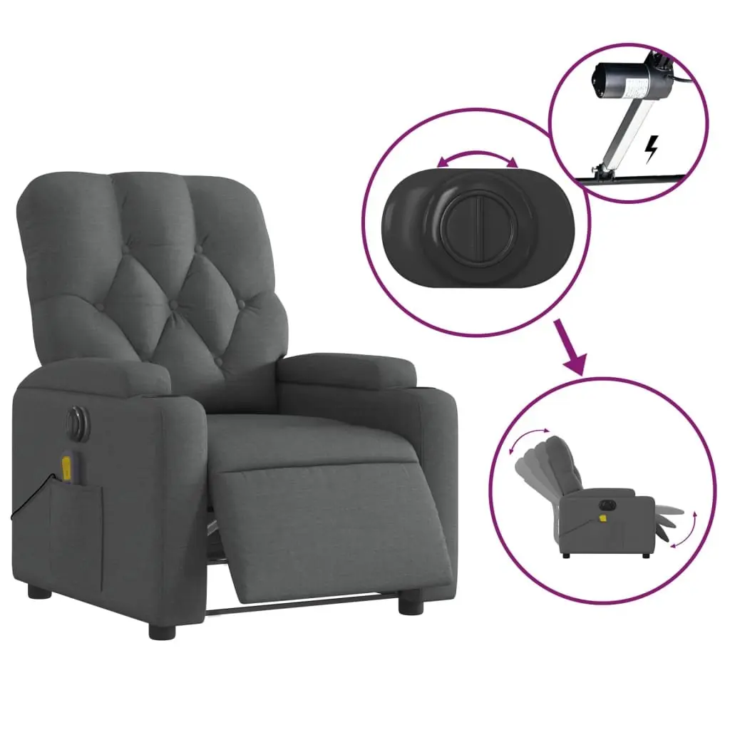 Electric Massage Recliner Chair Grey Fabric 135 Degrees Motorised Reclining USB Powered