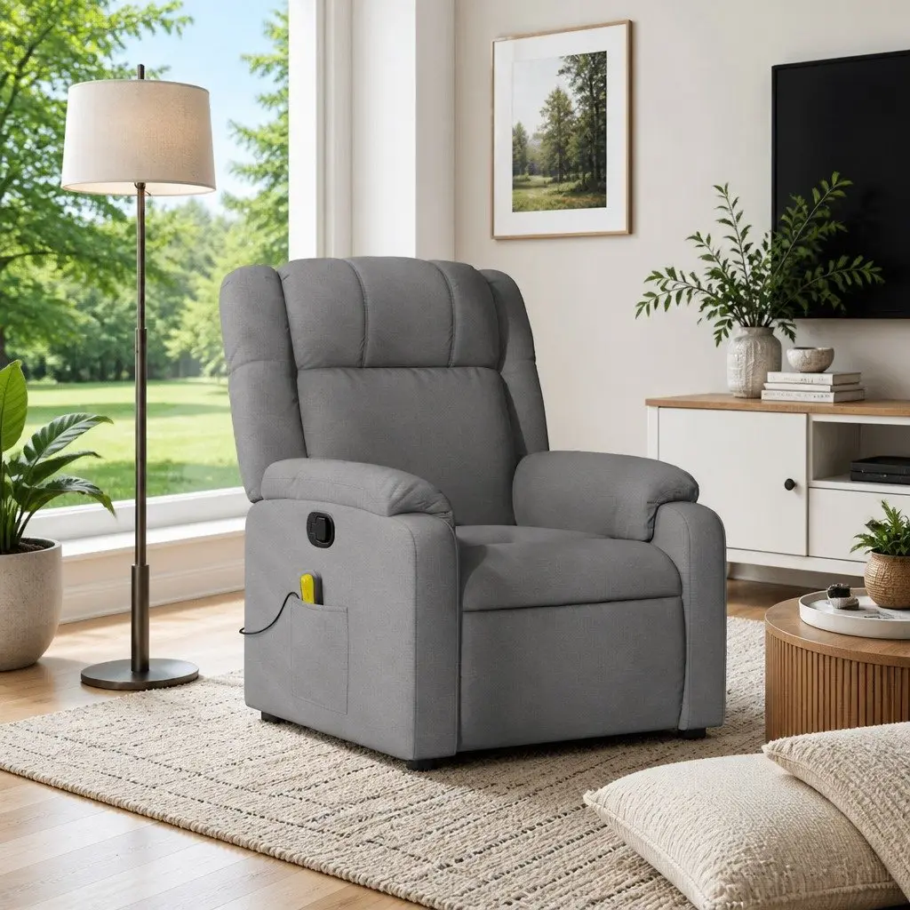 Massage Recliner Chair Grey Fabric Manual Recline Vibration Armchair
