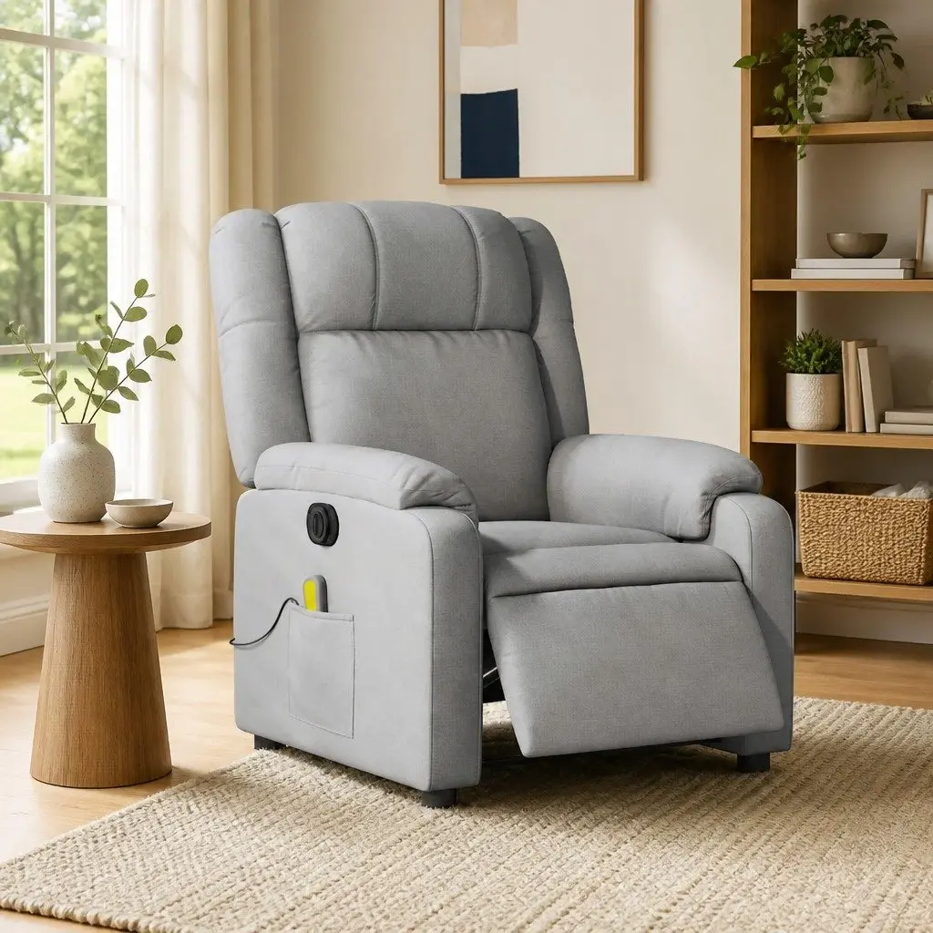 Electric Massage Recliner Chair Grey Fabric 135 Degrees Wood and Metal