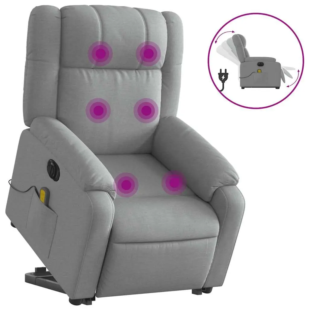 Electric Massage Chair Grey Fabric Power Lift Recliner 135 Degree 6 Massage Points Wood and Metal Frame