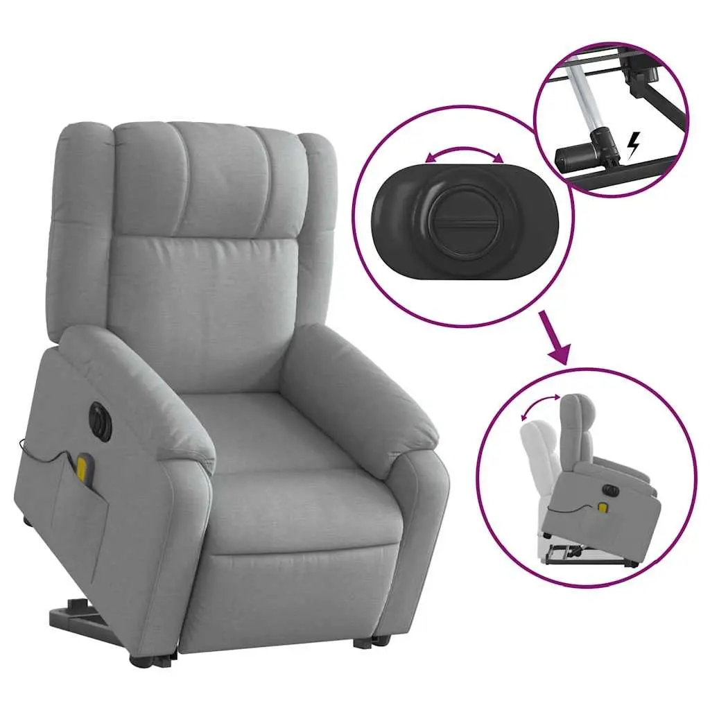 Electric Massage Chair Grey Fabric Power Lift Recliner 135 Degree 6 Massage Points Wood and Metal Frame
