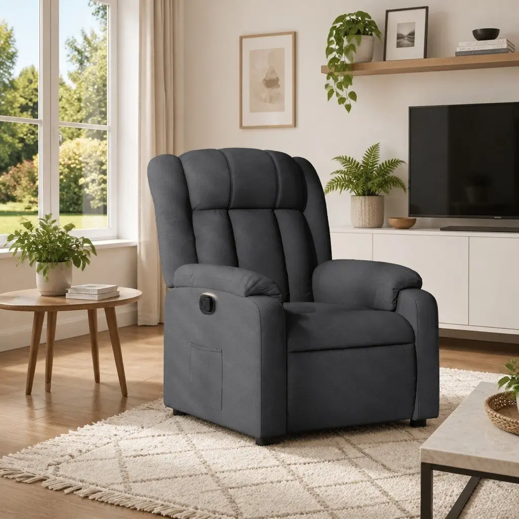 Manual Recliner Armchair Grey Fabric Padded Seat Adjustable Footrest Side Pocket Wood and Metal Frame