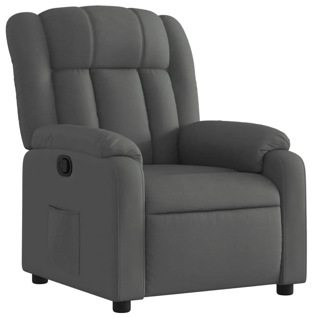 Manual Recliner Armchair Grey Fabric Padded Seat Adjustable Footrest Side Pocket Wood and Metal Frame