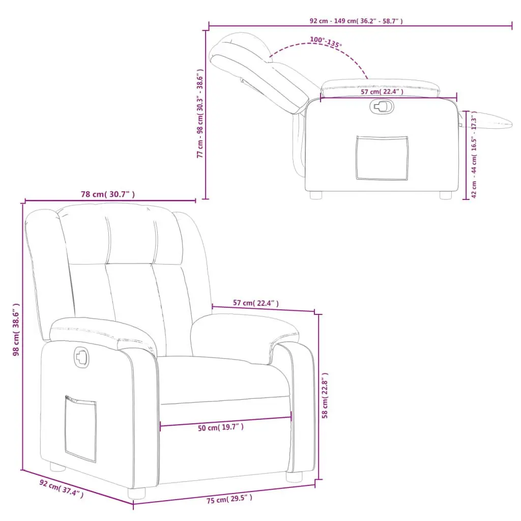 Manual Recliner Armchair Grey Fabric Padded Seat Adjustable Footrest Side Pocket Wood and Metal Frame