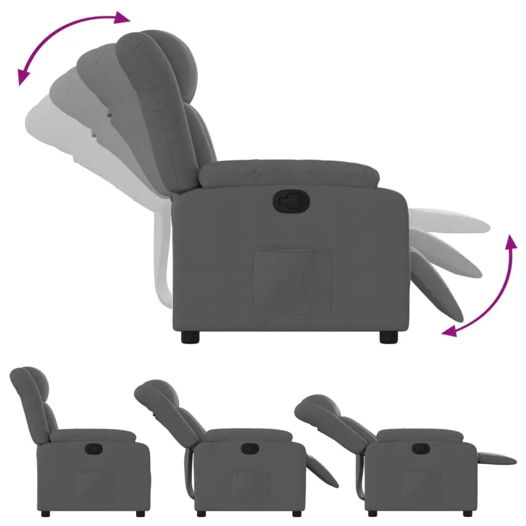 Manual Recliner Armchair Grey Fabric Padded Seat Adjustable Footrest Side Pocket Wood and Metal Frame